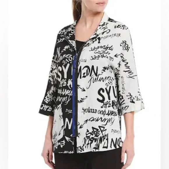 IC Connie K black white typography print front zip jacket 3/4 sleeves S - Picture 10 of 10